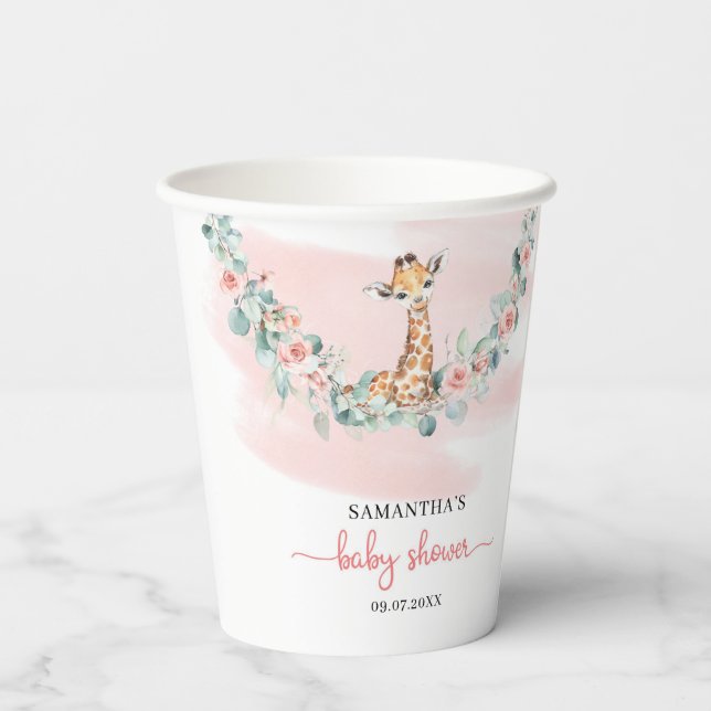 Vasos De Papel Boho acuarela chica girafa eucalipto rosas rosadas (Reverso )