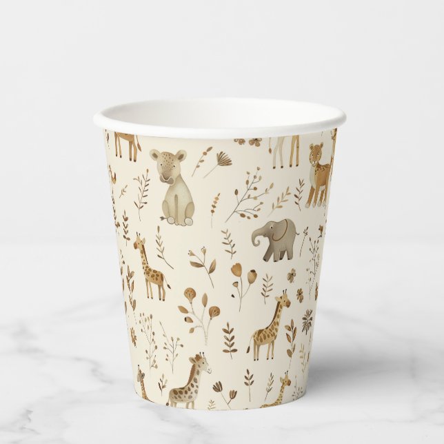 Vasos De Papel Boho Animales de la jungla beige blanca (Anverso)
