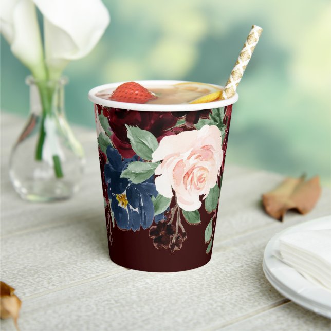 Vasos De Papel Boho Bloom | Rubor Rojo Elegante Oscuro y Azul Mar (in situ)