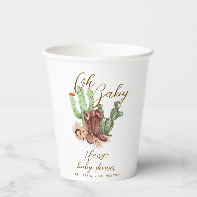 Vasos De Papel Boho Cactus Cowboy moderno zapata Baby Shower (Anverso)