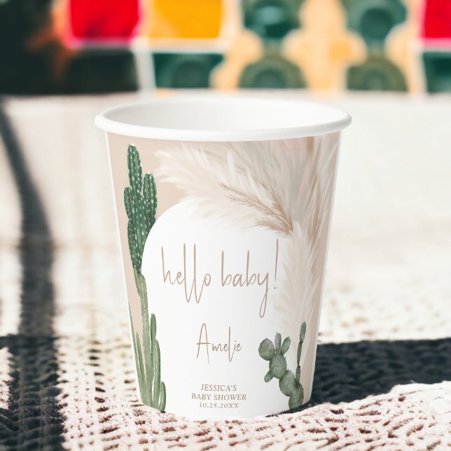 Vasos De Papel Boho cactus pampas arco hola bebé ducha (Boho cactus pampas arch hello baby shower paper cups)