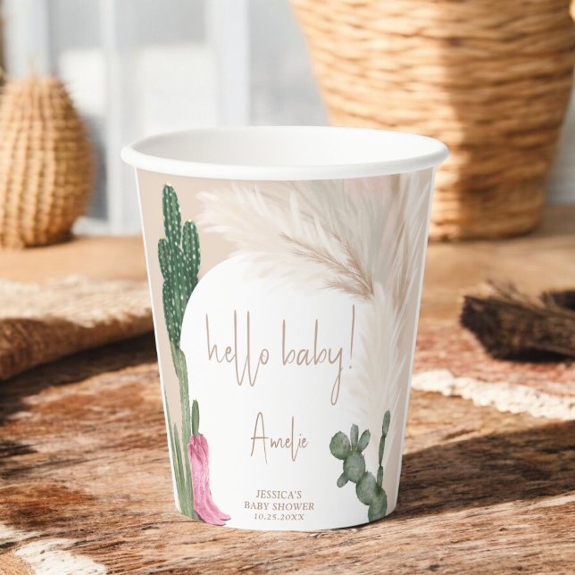 Vasos De Papel Boho cactus pampas botas hola bebé ducha (Boho cactus pampas boots hello baby shower paper cups)