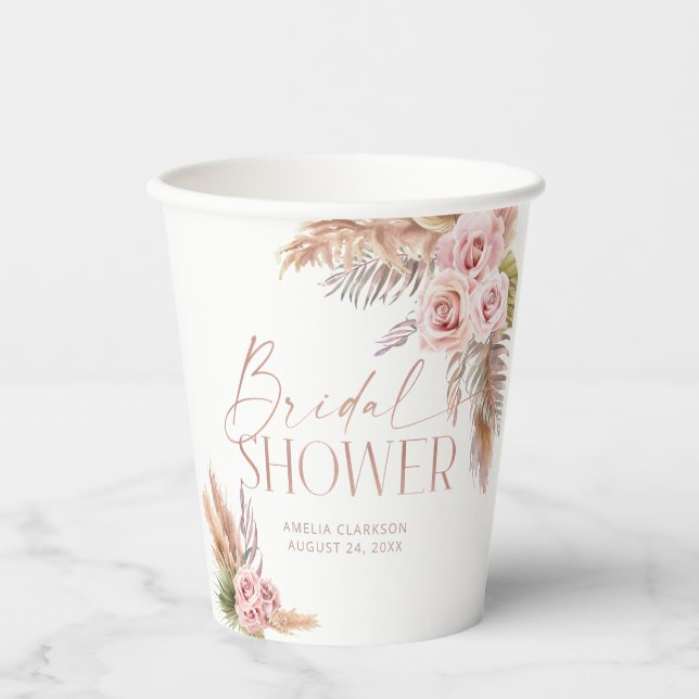 Vasos De Papel Boho Floral Pampas Rosa Dorado (Anverso)