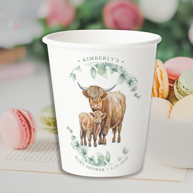 Vasos De Papel Boho Highland Cow Green Farm Animal Baby Shower (Subido por el creador)