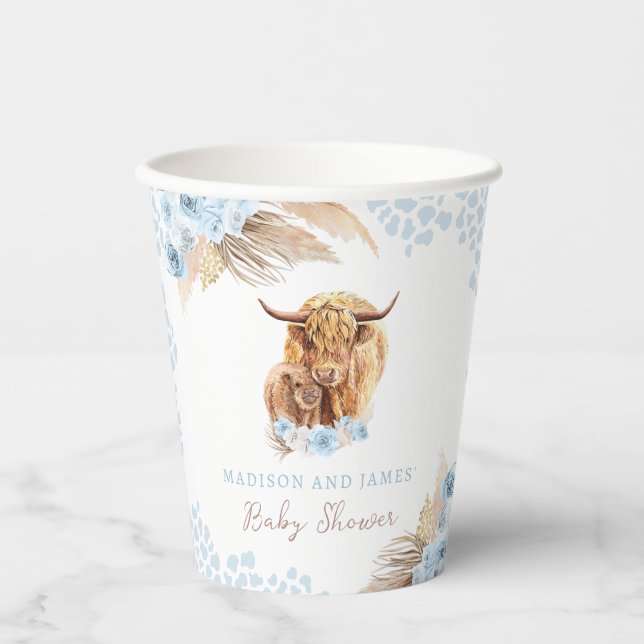 Vasos De Papel Boho Holy Cow Blue Pampas Grass Boy Baby Shower (Anverso)