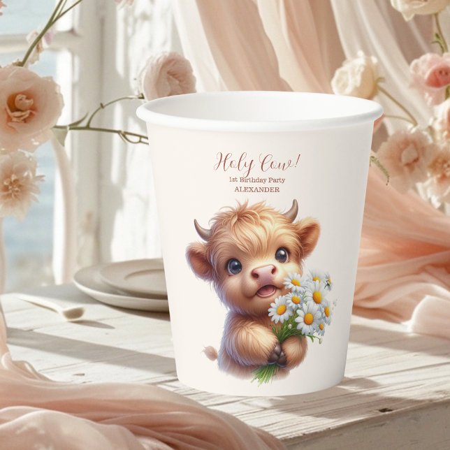 Vasos De Papel Boho Holy Cow Highland Cow Primer cumpleaños (Subido por el creador)