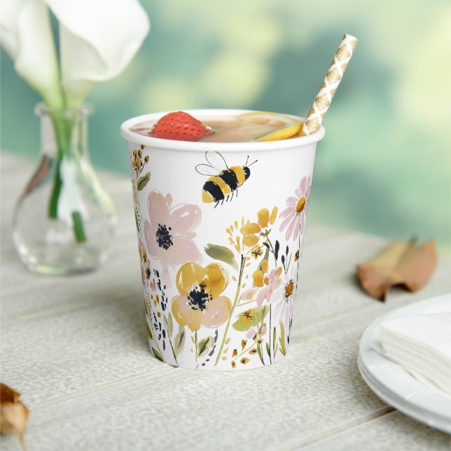 Vasos De Papel Boho Honey Bee & Wildflower Baby Shower (in situ)