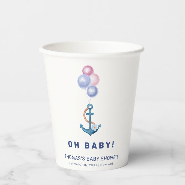 Vasos De Papel Boho Minimal Nautical Anchor Balloon Baby Shower (Anverso)