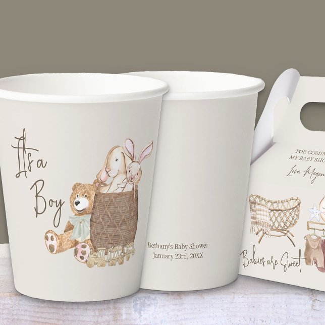 Vasos De Papel Boho Nursery Teddy Bear Personalizado Neutral (Custom paper cups with editable wording from my Boho Nursery baby shower Collection)
