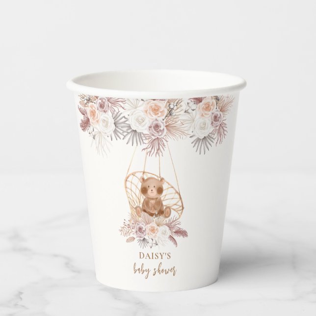 Vasos De Papel Boho Pampas Flor Teddy Bear Baby Shower (Anverso)