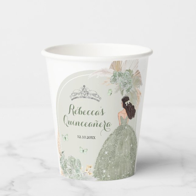 Vasos De Papel Boho Sage Green Floral Quinceañera (Anverso)