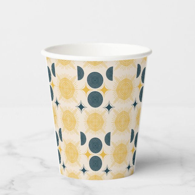 Vasos De Papel Boho Sun Moon Stars Blue Yellow (Anverso)