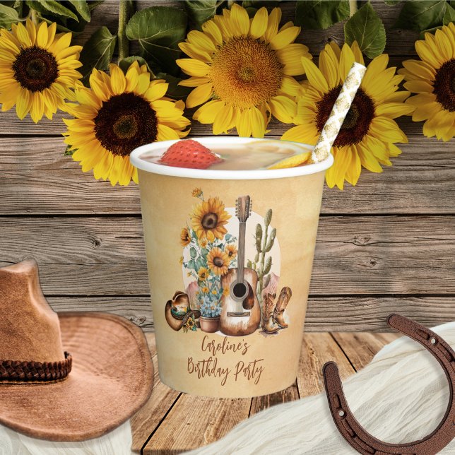 Vasos De Papel Boho Western Guitar Sunflowers fiesta de cumpleaño (Planning a western music-themed birthday party -- don't forget to include the party accessories!)