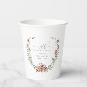 Vasos De Papel Boho Winter Greenery Red Floral 50 cumpleaños