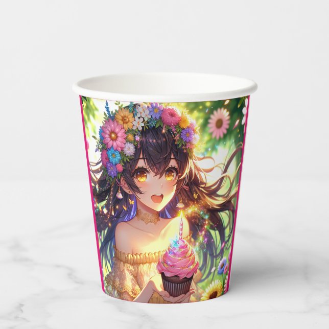 Vasos De Papel Bonito Anime Chica con tarta Cumpleaños (Reverso )