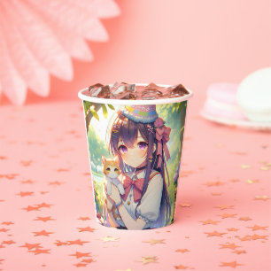 Vasos De Papel Bonito Anime Holding Cumpleaños del Chica Gatito