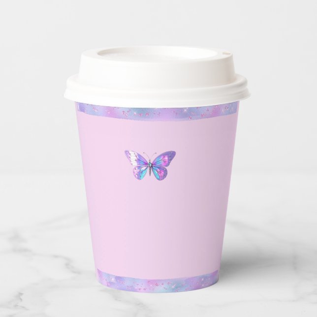 Vasos De Papel Bonito Holográfica Mariposa taza de papel Rosa (Anverso)