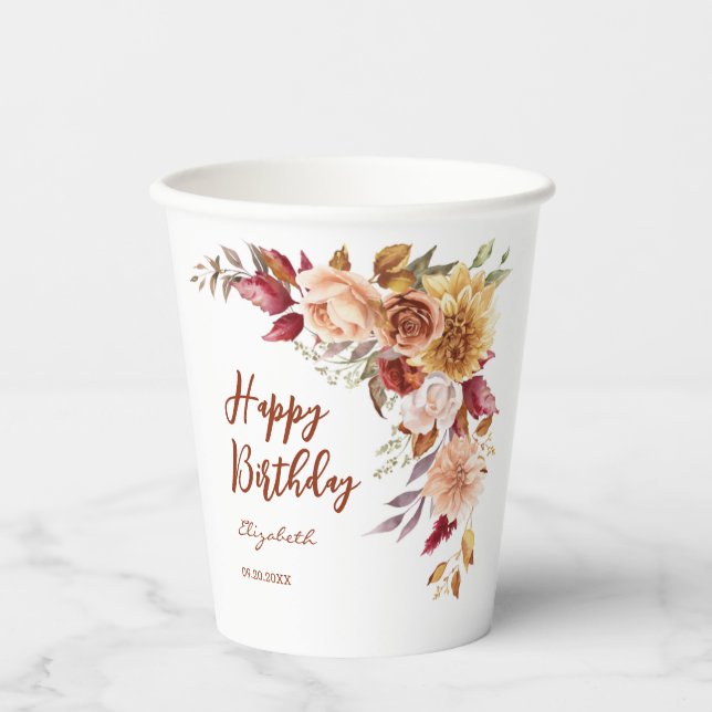 Vasos De Papel Bonito Terracotta Otoño Cumpleaños Botánico Floral (Anverso)