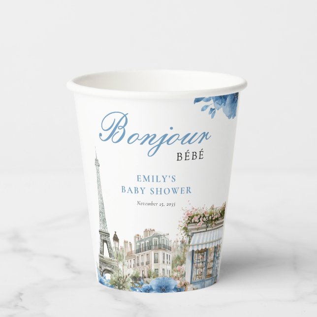 Vasos De Papel Bonjour Bebe French Blue Baby Shower (Anverso)