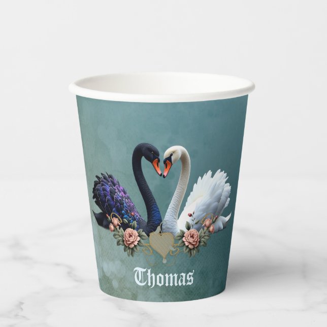 Vasos De Papel Bono eterno, cisnes negros y blancos enamorados. (Anverso)