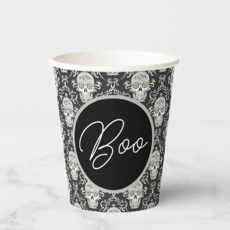 Vasos De Papel ¡Boo! Copa gótica de papel de damasco de cráneo