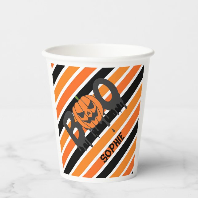Vasos De Papel Boo Halloween Naranja y franjas negras (Anverso)