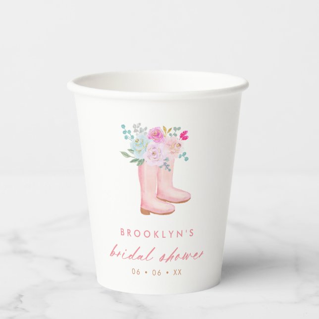 Vasos De Papel Boots de lluvia rosada y ducha de novias con flore (Anverso)