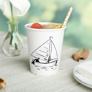 Vasos De Papel Bosquejo de velero náutico tinta blanca océano