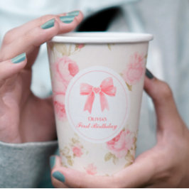 Vasos De Papel Bow rosa y Rosas Coquette primer cumpleaños