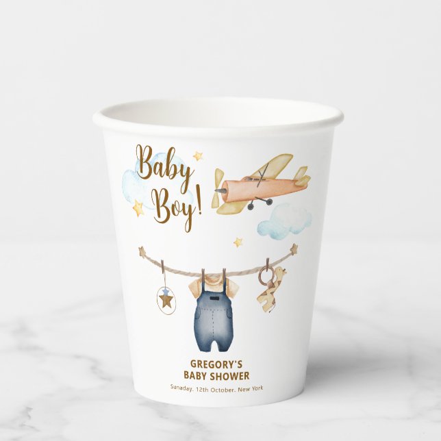 Vasos De Papel Boy Adventure Clothesline Airplane Sky Baby Shower (Anverso)