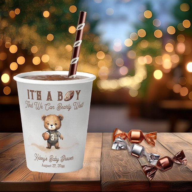 Vasos De Papel Boy Bearly Wait American Football Baby Shower (Teddy Bear Boy "We Can Bearly Wait!" American Football Baby Shower Paper Cup)
