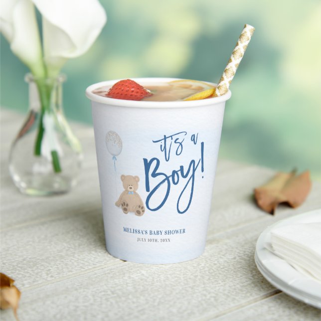 Vasos De Papel Boy Teddy Bear Blue Balloon Baby Shower (in situ)