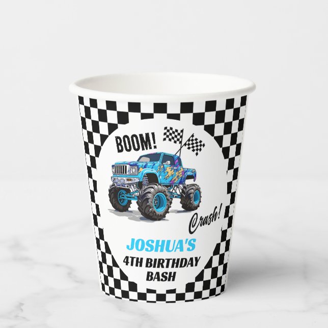 Vasos De Papel Boys Blue Monster Truck Cumpleaños (Anverso)