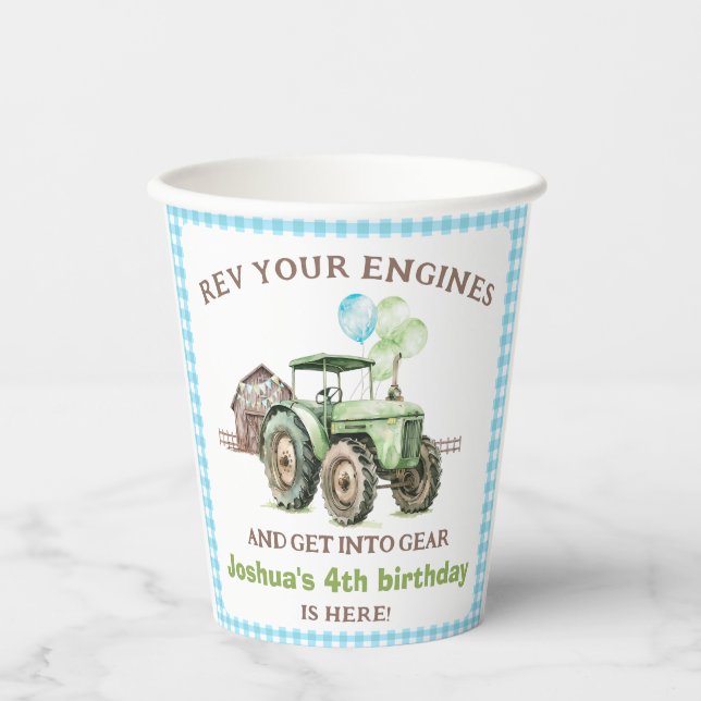 Vasos De Papel Boys Green Blue Balloons Tractor Cumpleaños (Anverso)