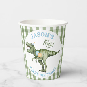 Vasos De Papel Boys Green Stomp Chomp Roar Dinosaurio 1er cumplea