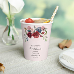 Vasos De Papel  Bridal Shower Modern Burgundy Rubor Floral