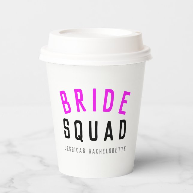 Vasos De Papel Bride Squad | Bridesmaid de soltera Rosa Caliente (Anverso)