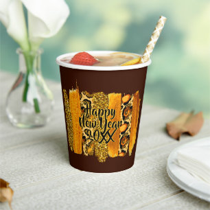 Vasos De Papel Brote de pincel de oro y leopardo Feliz Año Nuevo