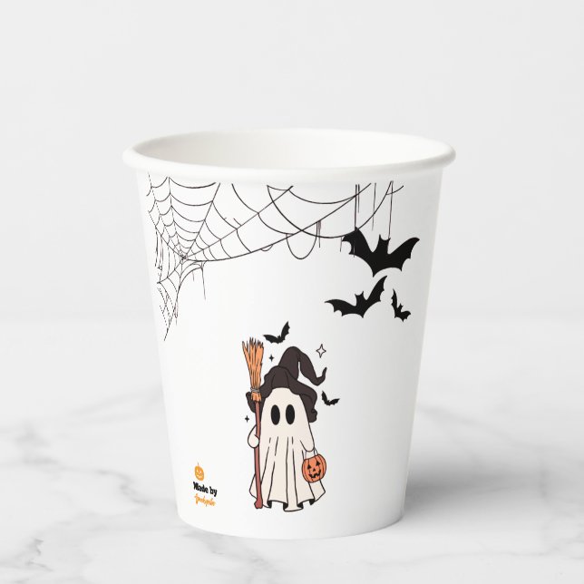 Vasos De Papel Bruja fantasma de Halloween con cuarto y calabaza (Anverso)