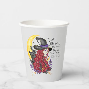 Vasos De Papel Bruja, gato negro y luna creciente