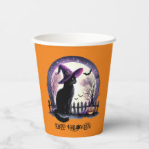 Bruja negra de gato y murciélagos de Halloween