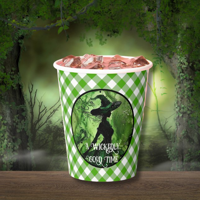 Vasos De Papel Bruja pintada malvadamente bien Verde Gingham Plai (Subido por el creador)