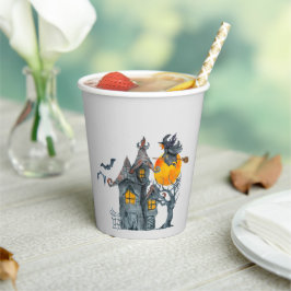Vasos De Papel Bruja voladora en una escoba y Halloween en la cas