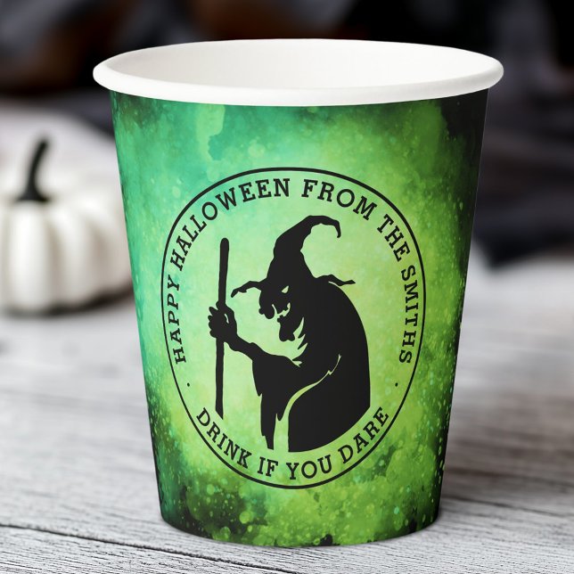 Vasos De Papel Bruja y personalizado texto verde Halloween negro (Witch and custom text green black Halloween Paper Cups)