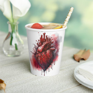 Vasos De Papel Brujería   Corazón con goteo sangrado rojo y dorad
