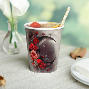Vasos De Papel Brujería   Luna Crescent con rosas rojas góticas