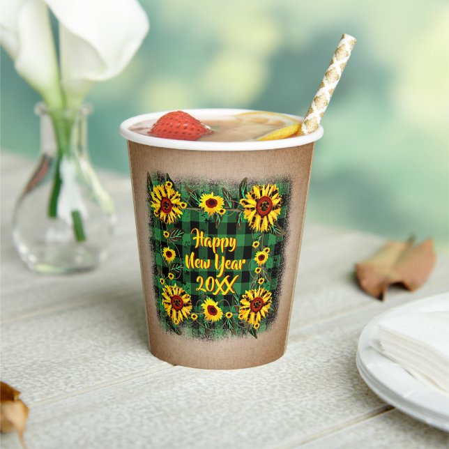 Vasos De Papel Bufalo Plaid Sunflower Feliz Año Nuevo 20xx (in situ)
