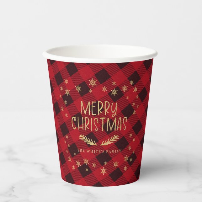 Vasos De Papel Búfalo Rojo Jugado Copo de Nieve Feliz Navidad (Anverso)