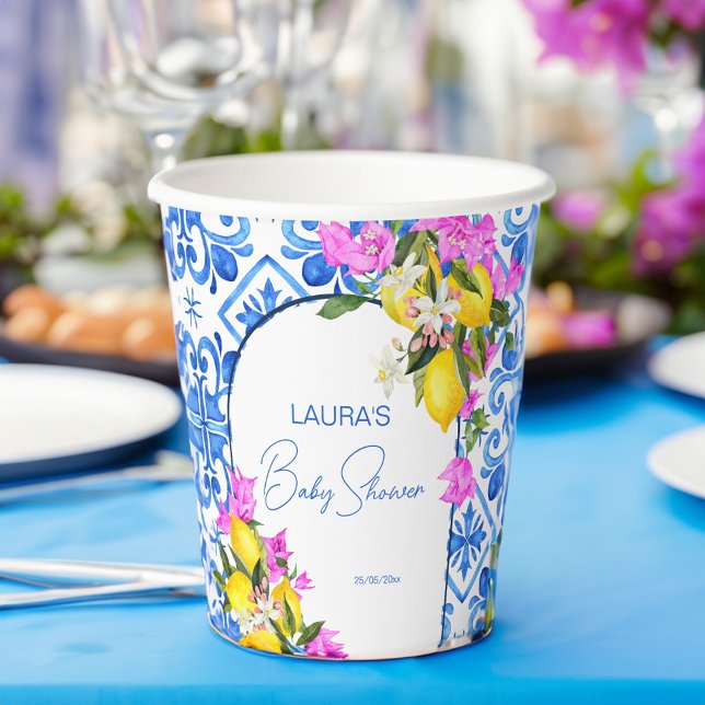 Vasos De Papel Buganvillas de Baby Shower Blue Tiles Lemons (Baby Shower Blue Tiles Lemons bougainvillea Mediterranean themed template Paper Cups personalized )