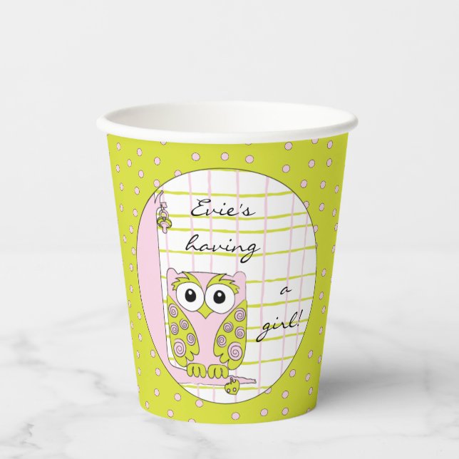Vasos de papel "Búho rosa/verde" 8 oz. (Anverso)